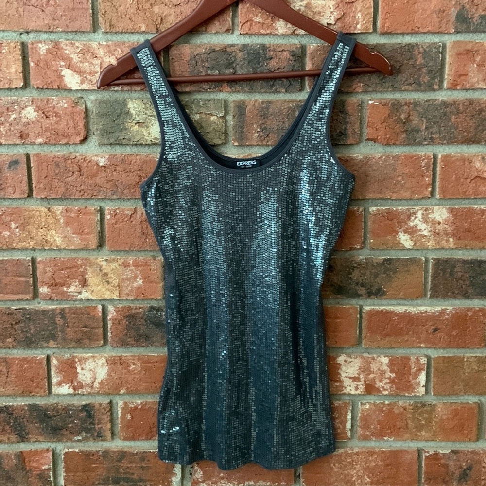 Express Sexy Basic Dark Gray Sequin Tank Top